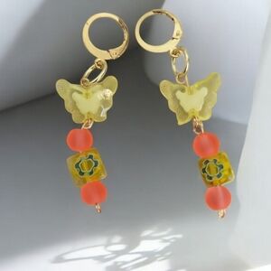 Millefiori Kawaii Butterfly Neon Orange Frosted Glass Bead Huggie Hoop Earring